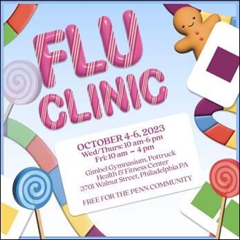 Flier for Flue Clinic, words in pink with Candyland game theme